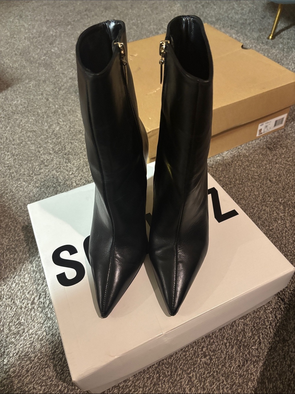 SCHUTZ Black Leather Pointed Ankle Boots with Gold Sculptural Heel - Picture 2 of 5